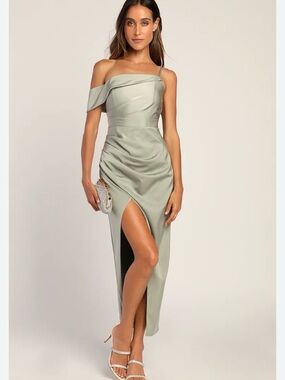 Sage One-Shoulder Asymmetrical Slit Evening Dress